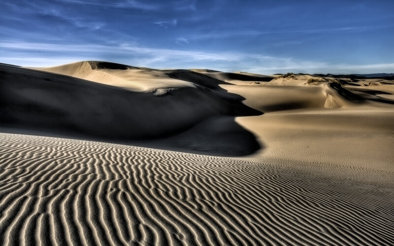 Sand Dunes in Desert — Blue, Serene, Afternoon, Photograph, Sky, Shadows