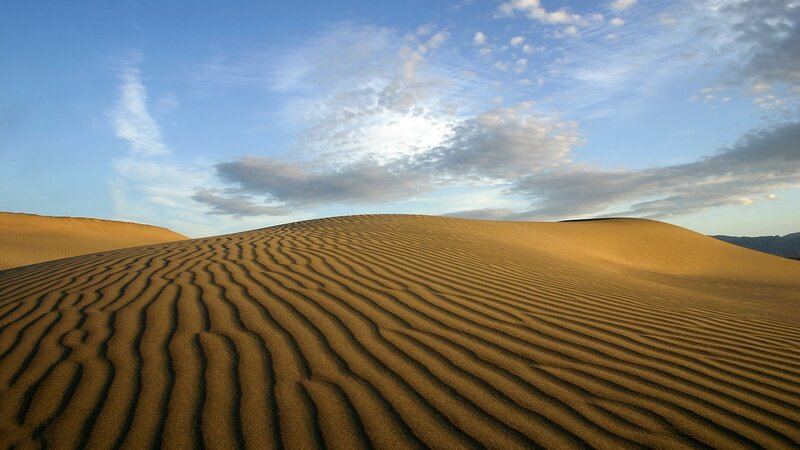 Sand Dunes in Desert — Blue, Serene, Sunset, Photograph