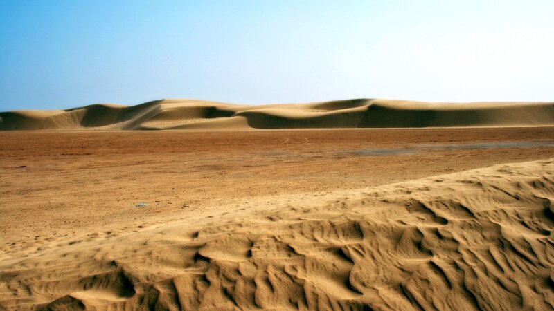 Sand Dunes in Desert — Brown, Arid, Afternoon, Photograph, Sky, Blue
