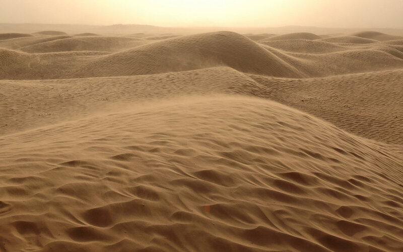 Sand Dunes in Desert — Brown, Arid, Sunset, Photograph, Wind, Sky, Tan
