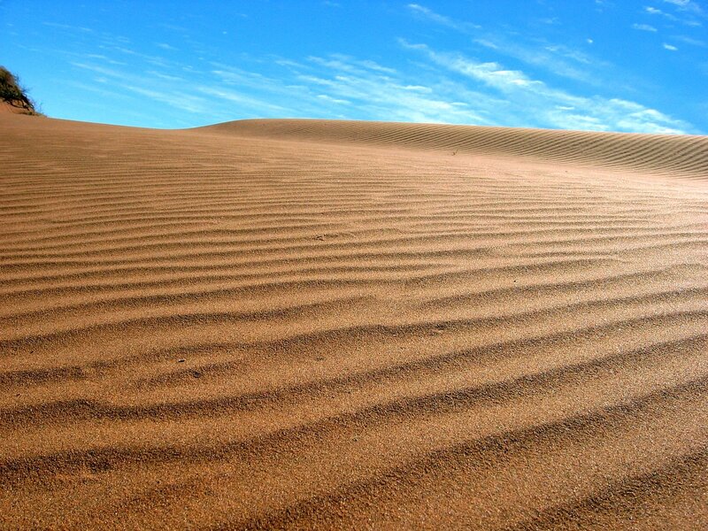 Sand Dunes in Desert — Brown, Serene, Afternoon, Photograph, Sky, Clouds, Blue