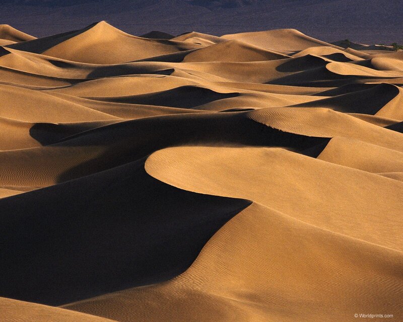 Sand Dunes in Desert — Brown, Serene, Sunset, Photograph, Shadows, Mountains