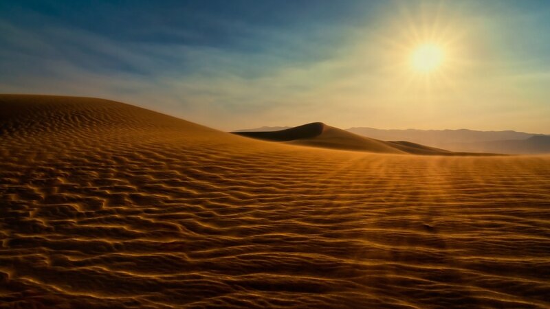 Sand Dunes in Desert — Brown, Serene, Sunset, Photograph, Sun, Sky, Mountains