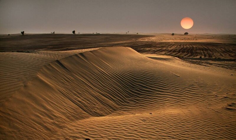 Sand Dunes in Desert — Brown, Serene, Sunset, Photograph, Sun