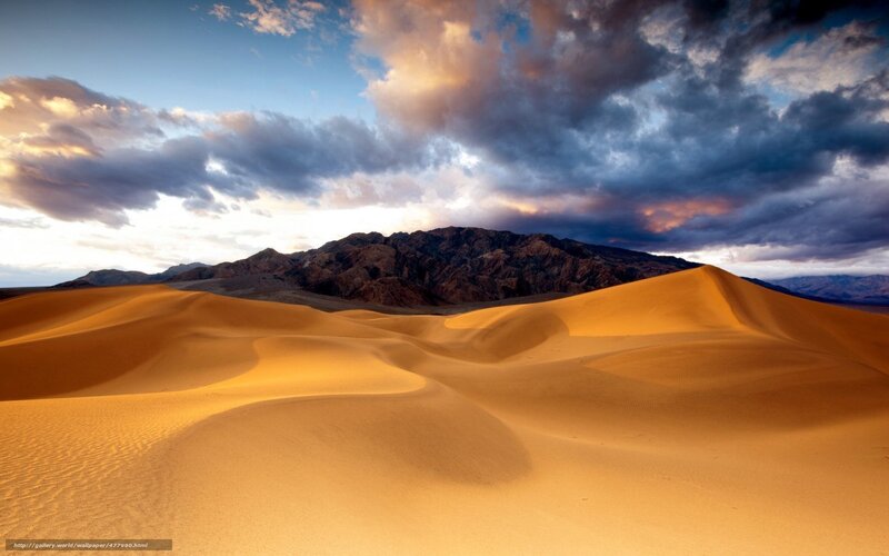 Sand Dunes in Desert — Orange, Dramatic, Sunset, Photograph, Mountains, Clouds