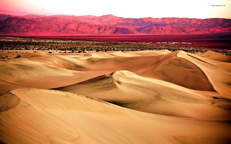 Sand Dunes in Desert — Orange, Dramatic, Sunset, Photograph, Mountains, Sky