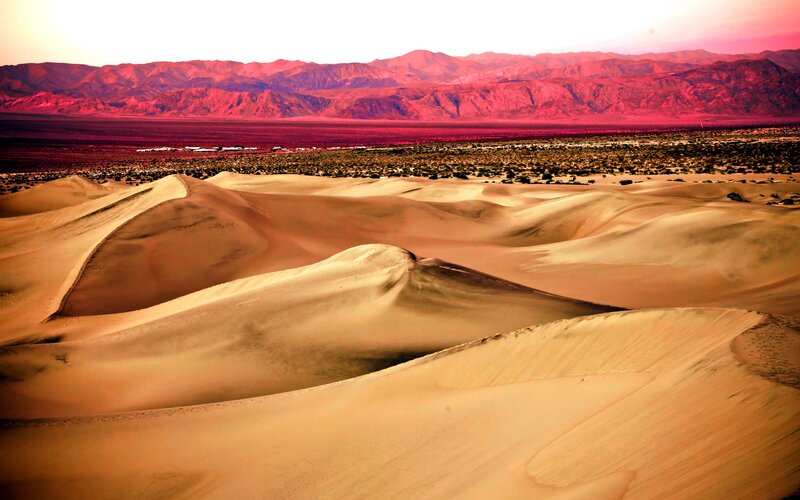 Sand Dunes in Desert — Orange, Dramatic, Sunset, Photograph, Mountains