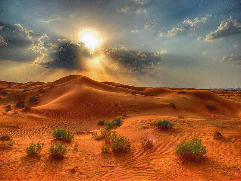 Sand Dunes in Desert — Orange, Dramatic, Sunset, Photograph, Sun, Clouds