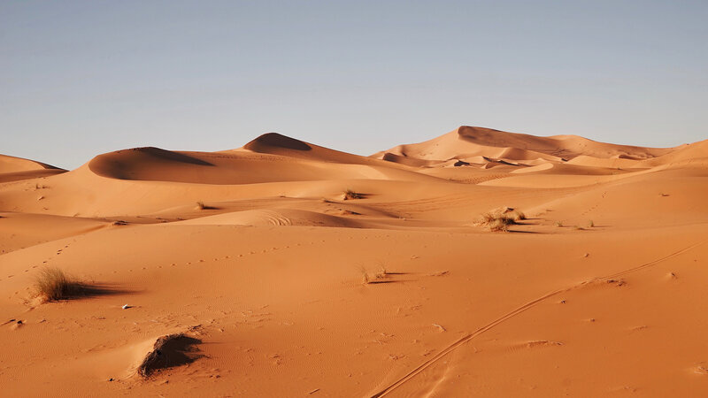 Sand Dunes in Desert — Orange, Serene, Afternoon, Photograph, Sky, Footprints
