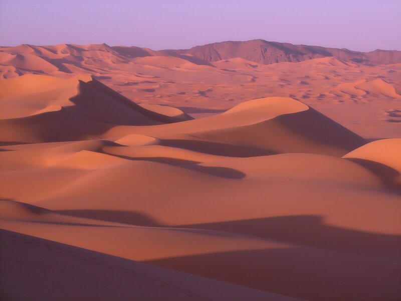 Sand Dunes in Desert — Orange, Serene, Sunset, Photograph, Mountains, Sky
