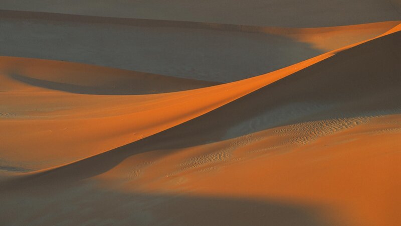 Sand Dunes in Desert — Orange, Serene, Sunset, Photograph, Shadows, Brown