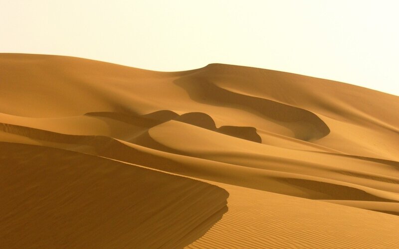 Sand Dunes in Desert — Orange, Serene, Sunset, Photograph, Sky, Yellow, White