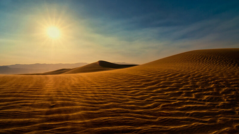 Sand Dunes in Desert — Orange, Serene, Sunset, Photograph, Sun, Mountains