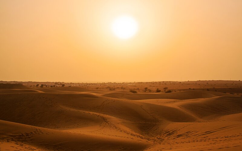 Sand Dunes in Desert — Orange, Serene, Sunset, Photograph, Sun, Sky, Brown