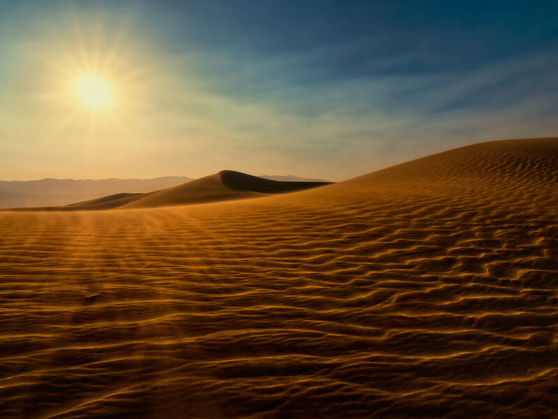 Sand Dunes in Desert — Orange, Serene, Sunset, Photograph, Sun, Sky