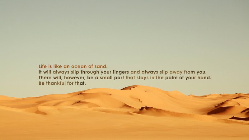 Sand Dunes in Desert — Orange, Serene, Sunset, Photograph, Text