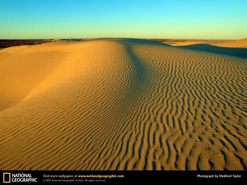 Sand Dunes in Desert — Yellow, Serene, Sunset, Photograph, Sky, Blue