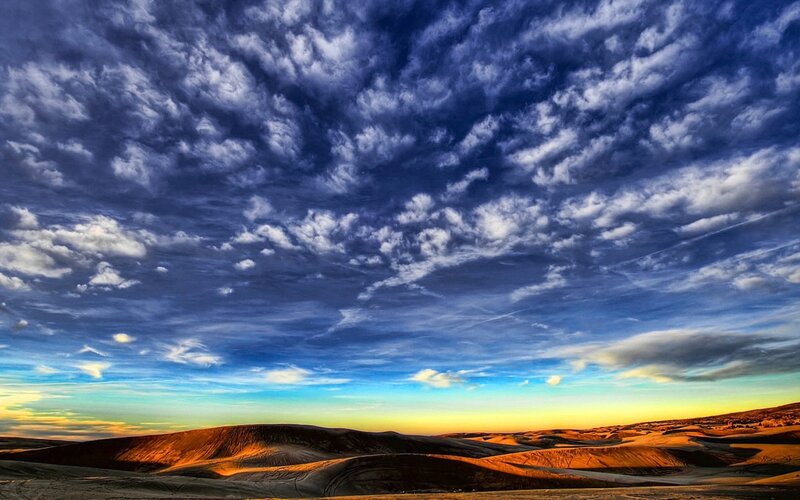 Sand Dunes under Cloudy Sky — Blue, Dramatic, Sunset, Photograph, Clouds