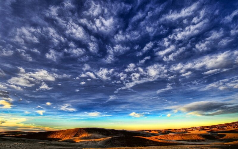 Sand Dunes under Cloudy Sky — Blue, Dramatic, Sunset, Photograph