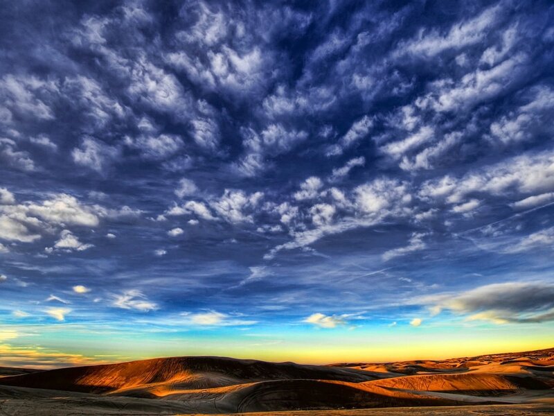 Sand Dunes under Cloudy Sky — Blue, Dramatic