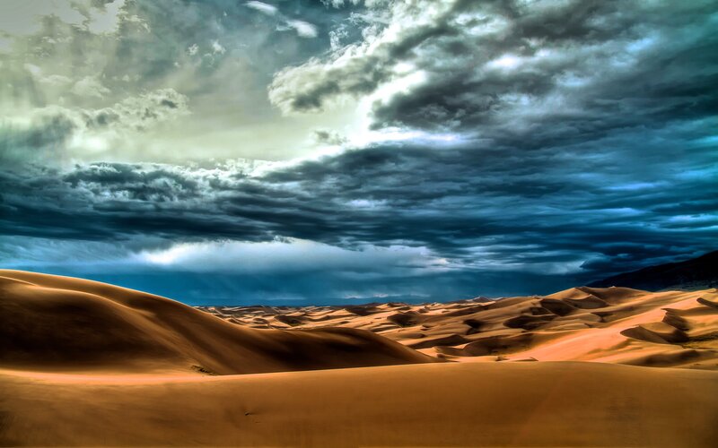 Sand Dunes under Stormy Sky — Brown, Dramatic, Afternoon, Photograph, Clouds, Mountains