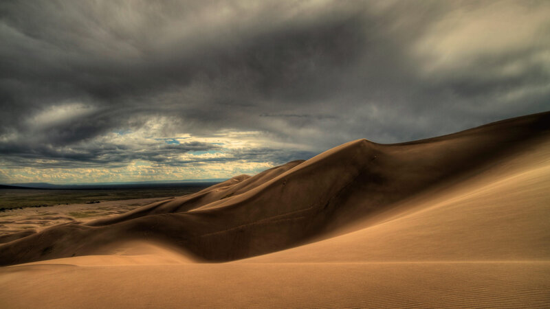 Sand Dunes under Stormy Sky — Brown, Dramatic, Afternoon