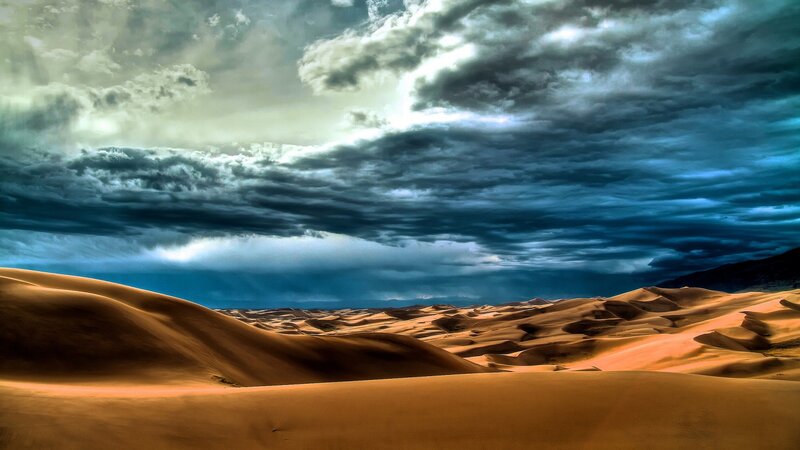 Sand Dunes under Stormy Sky — Brown, Dramatic, Photograph, Clouds
