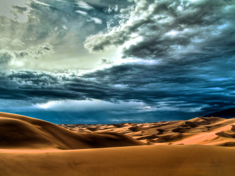 Sand Dunes under Stormy Sky — Brown, Dramatic, Photograph