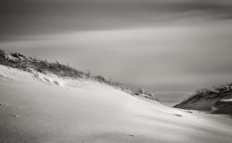 Sand Dunes with Grass — Black, Serene, Photograph