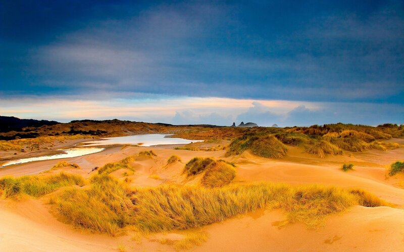 Sand Dunes with Grass — Blue, Serene, Sunset, Photograph, Dune