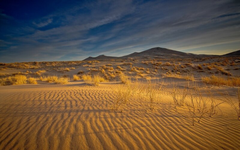 Sand Dunes with Grass — Blue, Serene, Sunset, Photograph, Sky