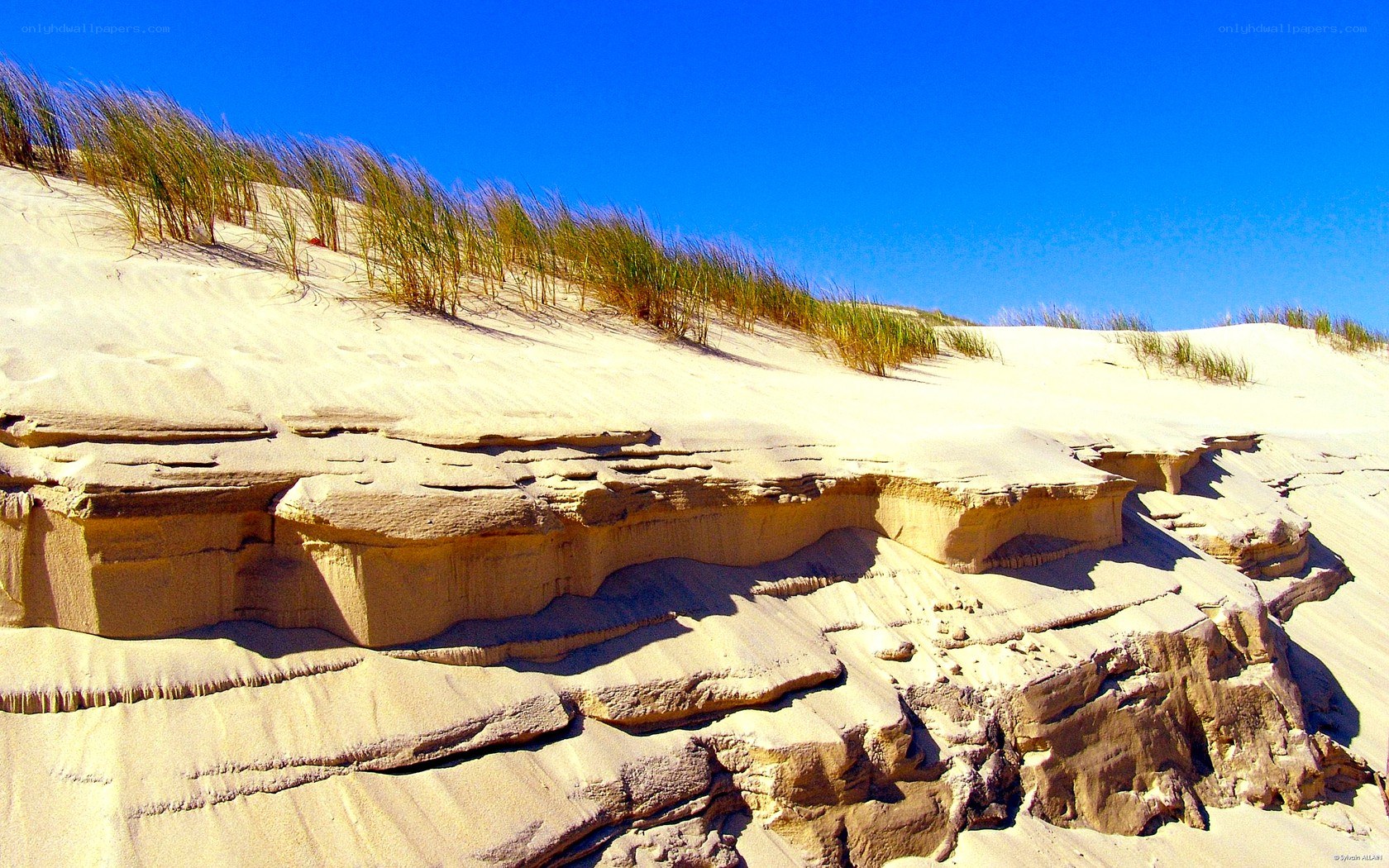 sand dunes with layered rock formations