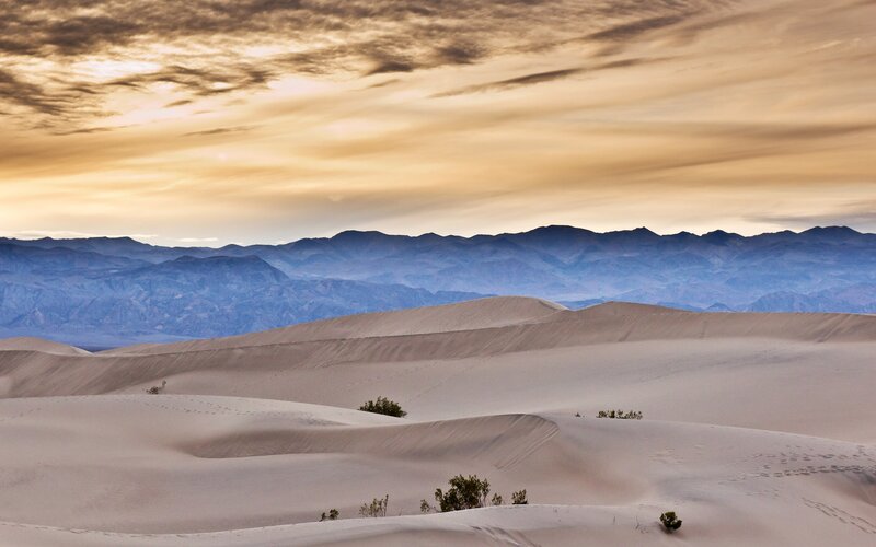 Sand Dunes with Mountains — Beige, Serene, Sunset