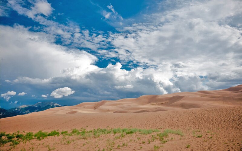 Sand Dunes with Mountains — Blue, Dramatic
