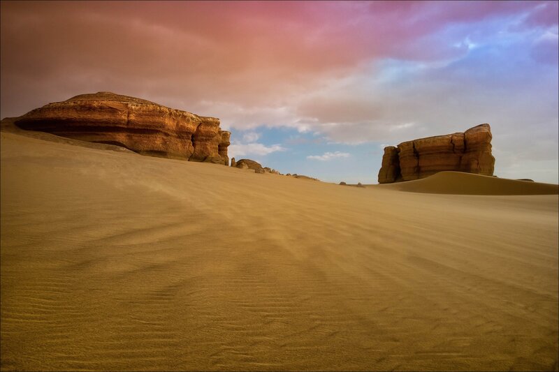 Sand Dunes with Rock Formations — Brown, Dramatic, Sunset, Photograph
