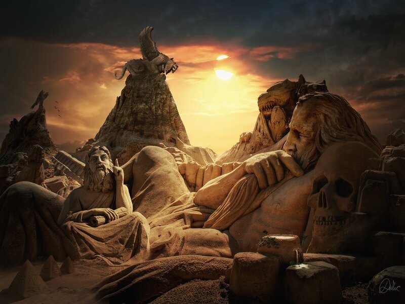 Sand sculpture at sunset