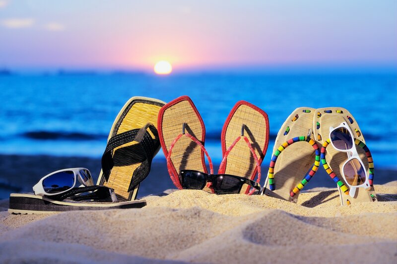 Sandals and Sunglasses on Beach — Blue, Serene, Sunset, Photograph, Flip-flops