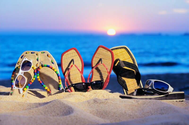 Sandals and Sunglasses on Beach — Blue, Serene, Sunset, Photograph, Sand