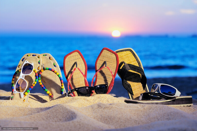 Sandals and Sunglasses on Beach — Blue, Serene, Sunset