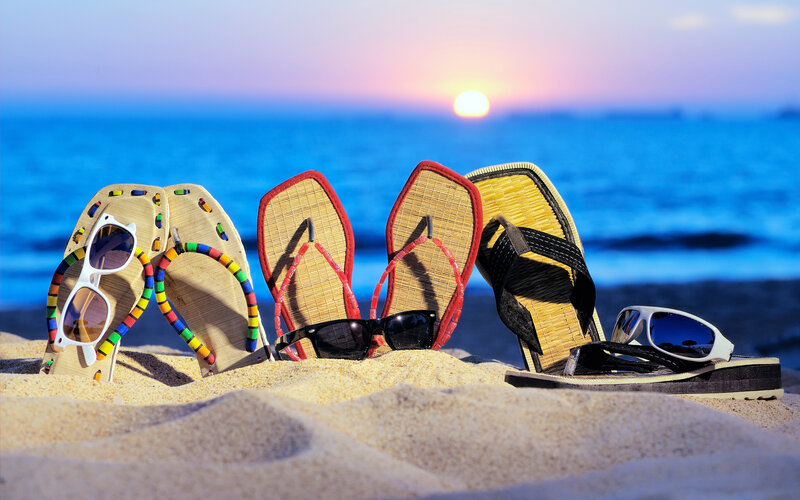 Sandals and Sunglasses on Beach — Blue, Serene