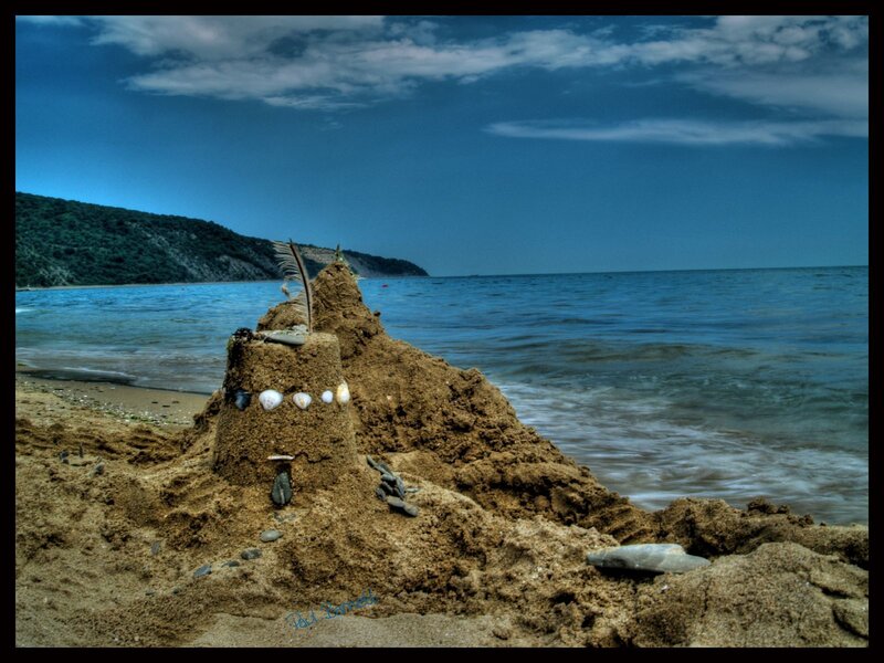 Sandcastle on Beach — Blue, Serene, Afternoon, Photograph, Seashells