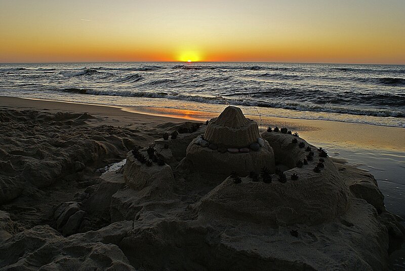 Sandcastle on Beach — Orange, Serene, Sunset