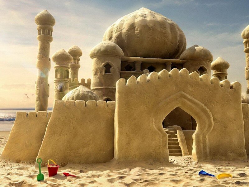 Sandcastle on Beach — Tan, Serene, Afternoon