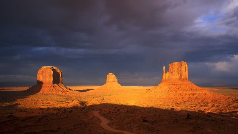 Sandstone Buttes in Desert — Orange, Dramatic, Sunset, Photograph, Sky