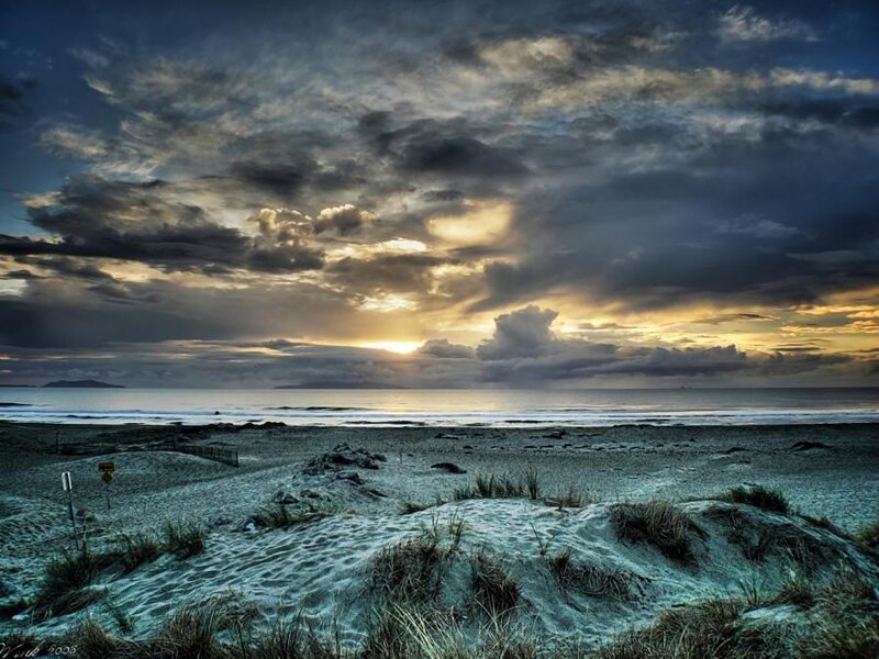 Sandy Beach at Sunset — Blue, Dramatic, Photograph