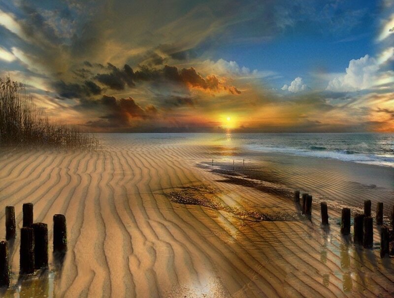 Sandy Beach at Sunset — Blue, Dramatic