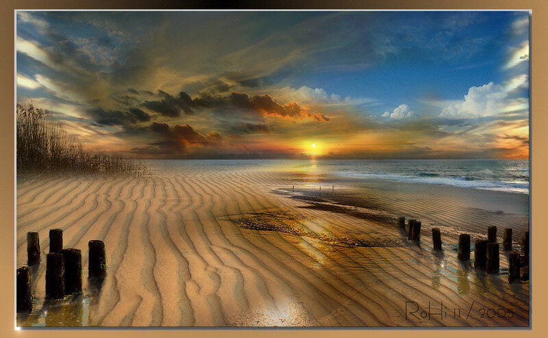 Sandy Beach at Sunset — Blue