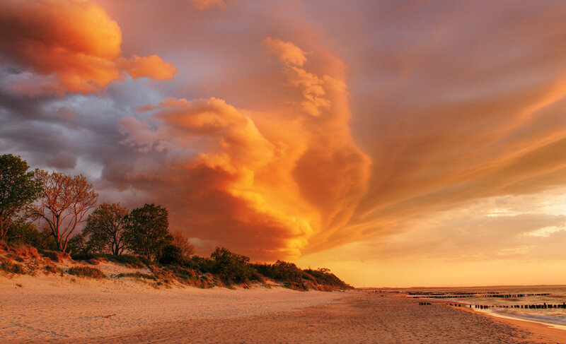 Sandy Beach at Sunset — Orange, Dramatic, Photograph
