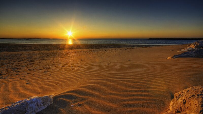 Sandy Beach at Sunset — Orange, Serene, Photograph, Sun
