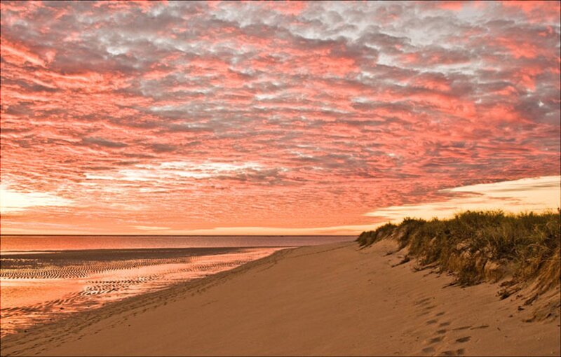 Sandy Beach at Sunset — Orange, Serene, Photograph
